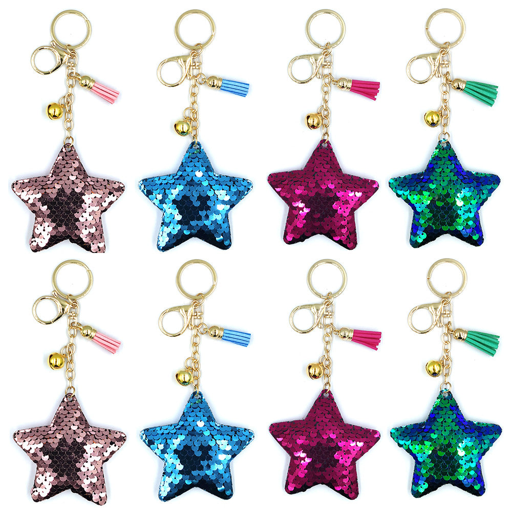 Wholesale Pentagram Sequin Bell Tassel Reflective Bright Surface Star Keychains